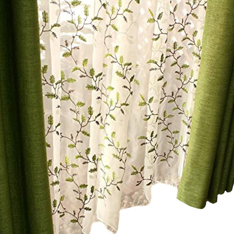 2 Ks Kvetinová Vyšívaná Polopriesvitná Záclona Botanický Dizajn Amerického Vidieckeho Štýlu Elegantná Zelená