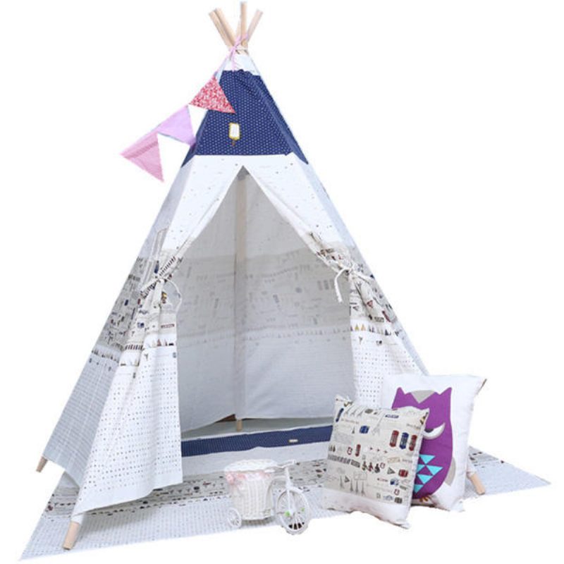 Detský Herný Stan 120 X 120 X 160 cm Skladací Teepee So Vzorom Bielej A Modrej Stuhy