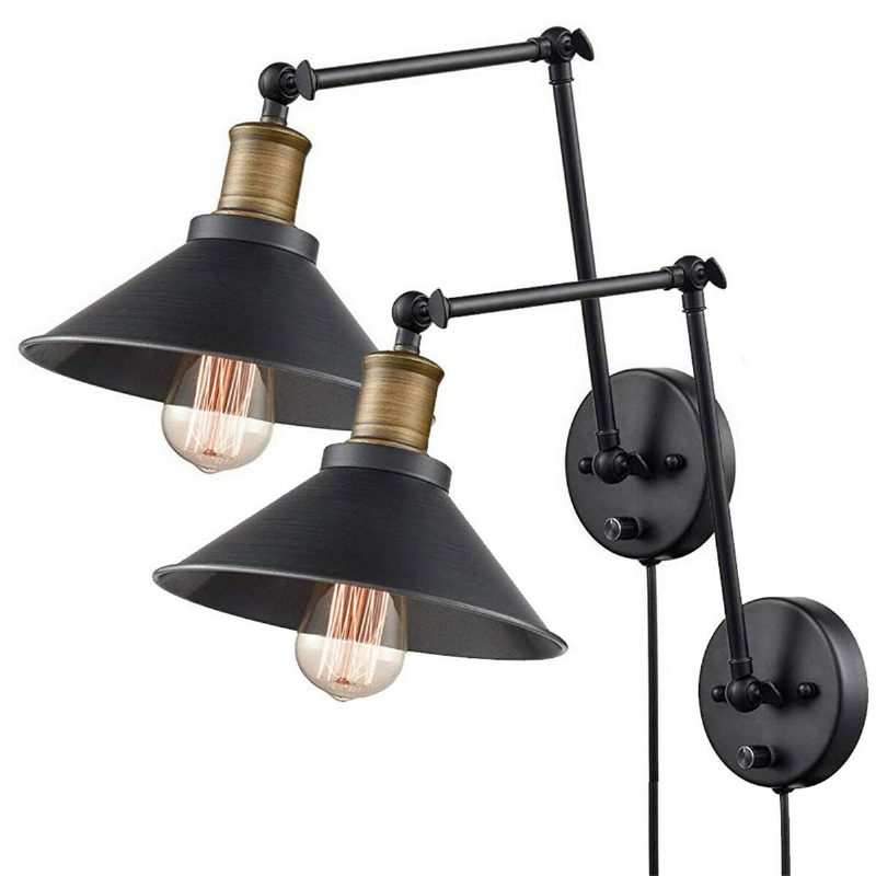 1pcs/2pcs 60w 110v Americká Zástrčka Priemyselná Čierna Nástenná Lampa S Nastaviteľným Uhlom Otočného Ramena Vintage Montáž