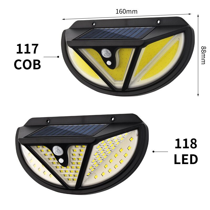 Arilux 118smd/ 117cob Led Solárne Svetlo Ľudské Telo Indukčný Snímač Pohybu Nástenné Vonkajšie Vodotesné Ip65