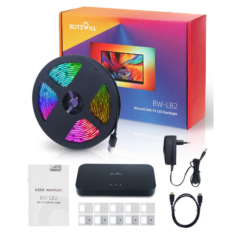 Blitzwill Bw-lb2 Wifi Tv Led Pásik 5m Na Synchronizáciu Obrazovky A Hudby Tv So Svetelným Pruhom Na Rovnakej Obrazovke Holá Doska Magic Color S Ovládacím Boxom 2 Káble Hdmi Inteligentné Napájanie Hlasovým Ovládaním 12v/3a