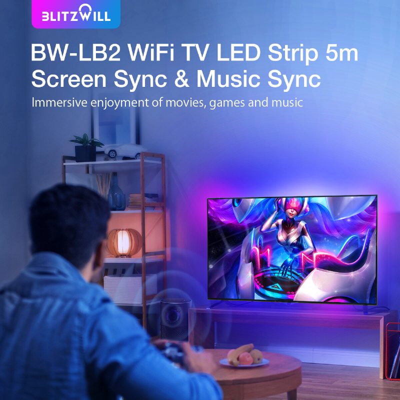 Blitzwill Bw-lb2 Wifi Tv Led Pásik 5m Na Synchronizáciu Obrazovky A Hudby Tv So Svetelným Pruhom Na Rovnakej Obrazovke Holá Doska Magic Color S Ovládacím Boxom 2 Káble Hdmi Inteligentné Napájanie Hlasovým Ovládaním 12v/3a