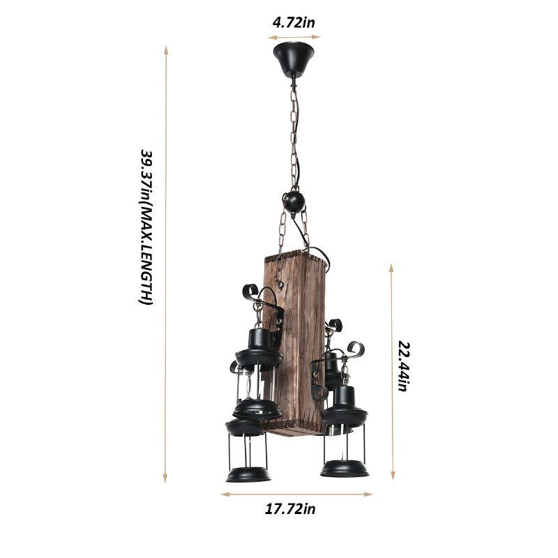 Rustikálny Drevený 4-hlavý Priemyselný Luster Železná Stropná Lampa Závesné Svietidlo