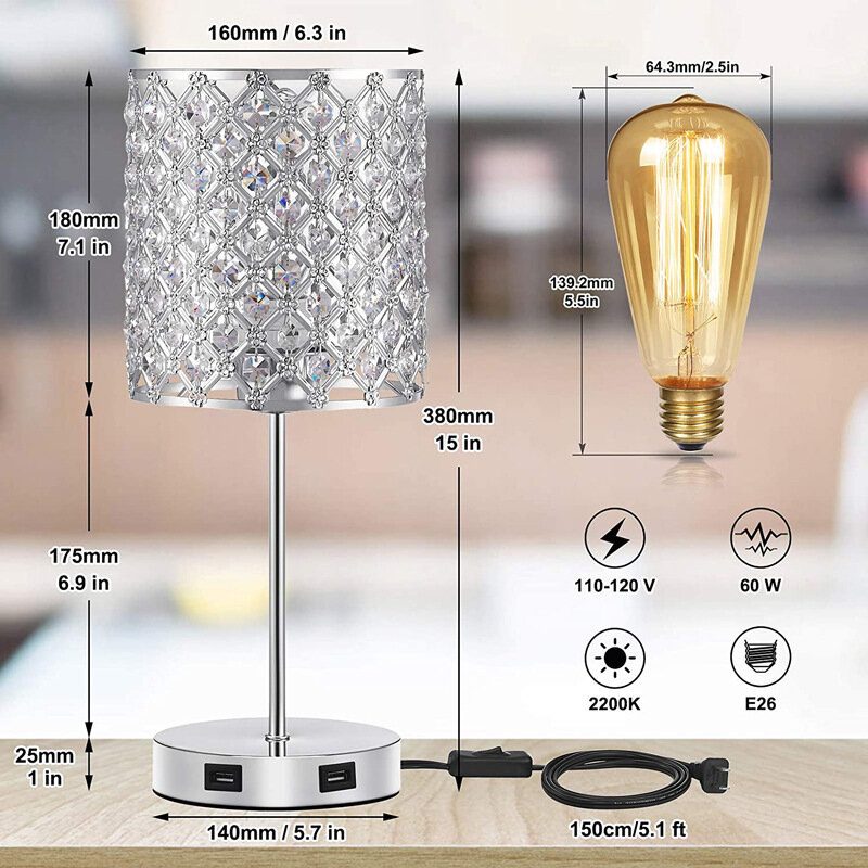 Usb Nabíjateľná Krištáľová Stolová Lampa Dotykové Stmievanie Nočných Svetiel Nočné Led Svetlo V Spálni So Zdrojom Svetla