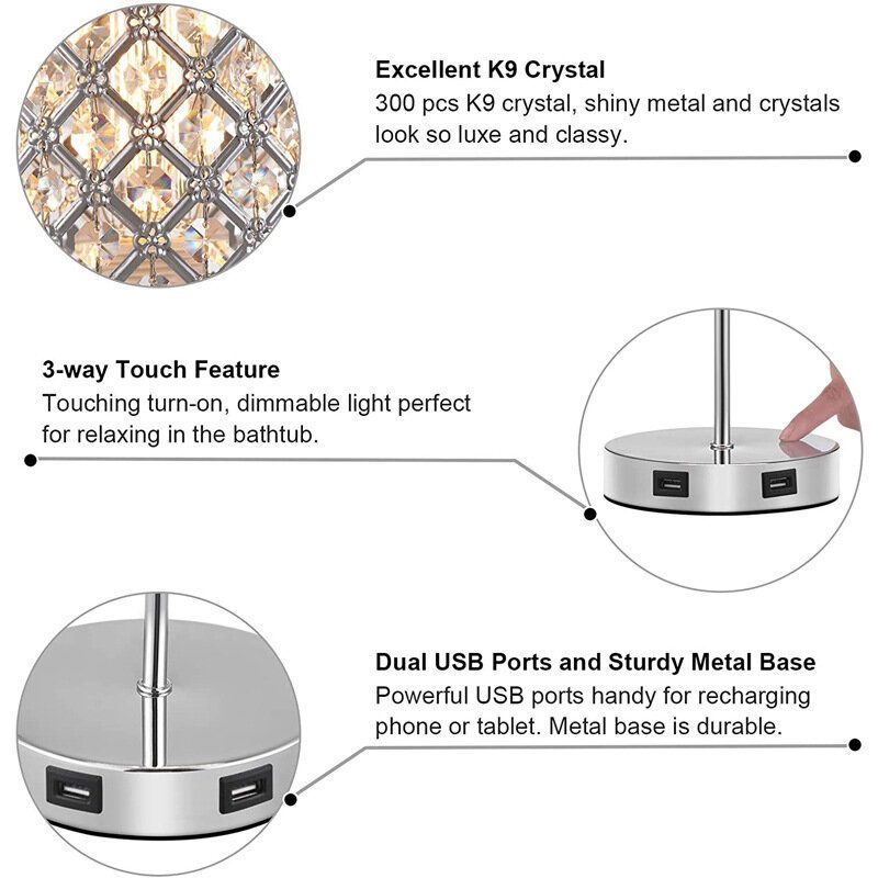 Usb Nabíjateľná Krištáľová Stolová Lampa Dotykové Stmievanie Nočných Svetiel Nočné Led Svetlo V Spálni So Zdrojom Svetla