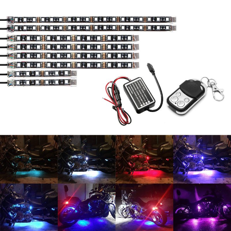 8 Ks Súpravy Led Svetiel Na Motocykle Prúžky Jednosmerný 12-voltový Vodotesný Rgb Viacfarebný Podsvietený Neónový Efekt Na Zem S Atmosférickými Svetlami S Diaľkovým Ovládaním A Lepiacimi Sponami