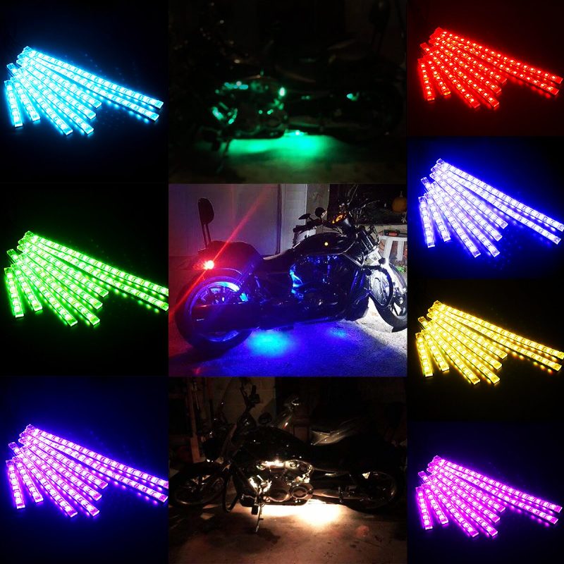 8 Ks Súpravy Led Svetiel Na Motocykle Prúžky Jednosmerný 12-voltový Vodotesný Rgb Viacfarebný Podsvietený Neónový Efekt Na Zem S Atmosférickými Svetlami S Diaľkovým Ovládaním A Lepiacimi Sponami