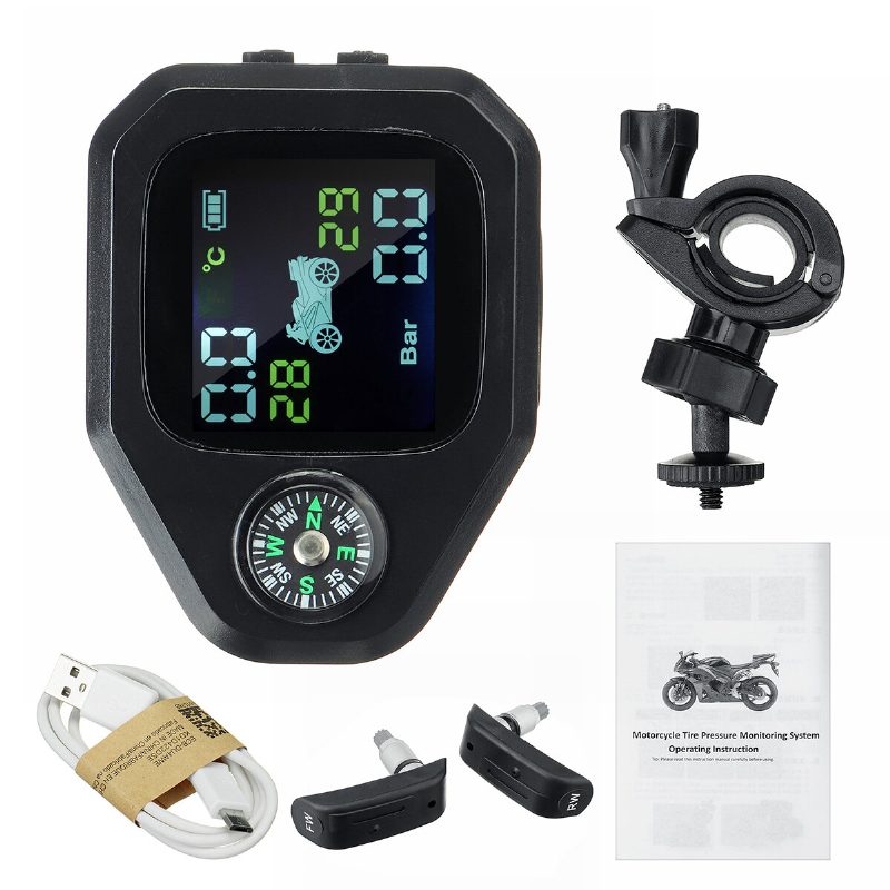 Motocykel Compass Tpms Lcd Displej Vodotesný Systém Monitorovania Tlaku V Pneumatikách Smer 2ks Senzor Monitorovanie Alarmu V