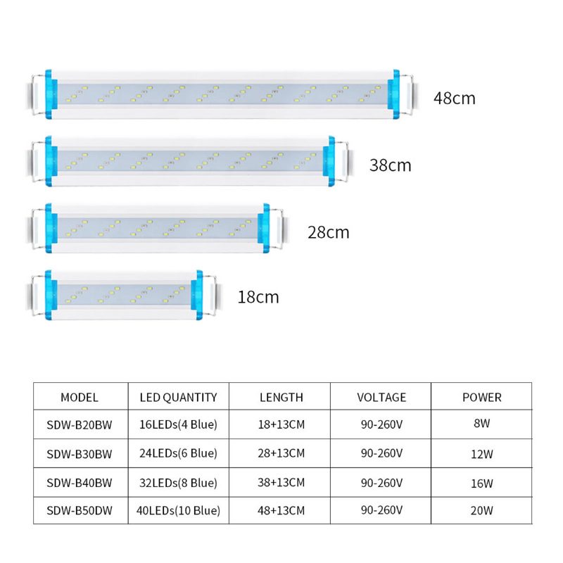 Akvárium Led Osvetlenie 18-48 cm S Výsuvnými Držiakmi Biele A Modré Led Diódy Vhodné Pre