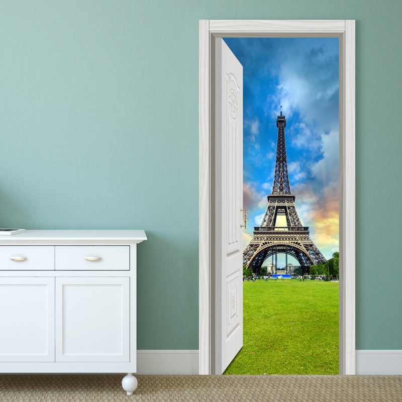 88x200cm Pag Imitatívne Dvierka 3d Nálepka Na Stenu Oceánská Púšť Eiffelova Veža Otvorená Home Wall Decor Darček