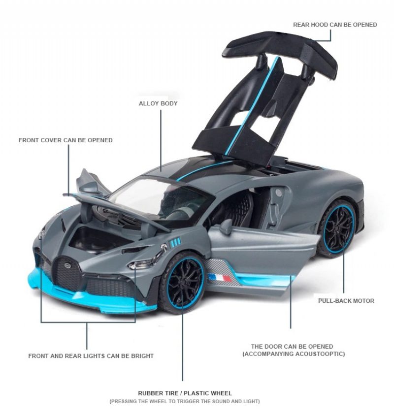 Hliníkové Športové Auto Bugatti Divo Zvukové Svetlá Otvorených Dverí