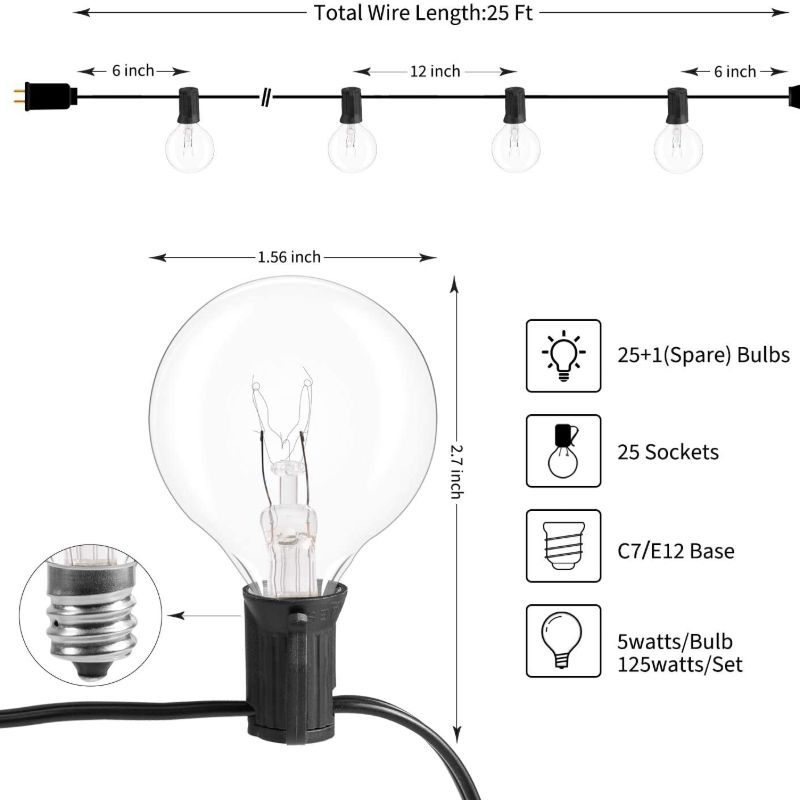 Vonkajšie Svetlá String 25 Feet Globe Patio Lights