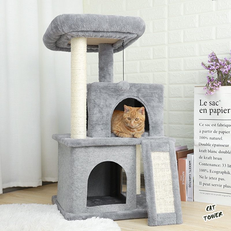 Cat Tree Dual House Plyšový Ostriež Na Škrabanie Sisalových Stĺpikov Veža