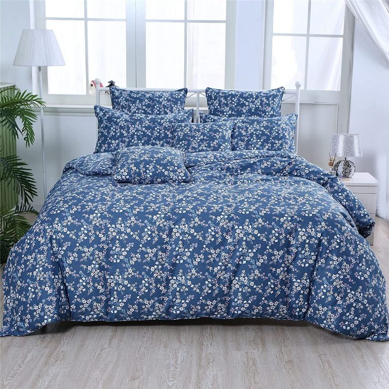 3 Ks Vintage Shabby Blue Kvetinová Posteľná Súprava 100% Bavlna Elegantné Drobné Kvety Farmhouse Obliečky Na Perinu So Zapínaním Na Zips