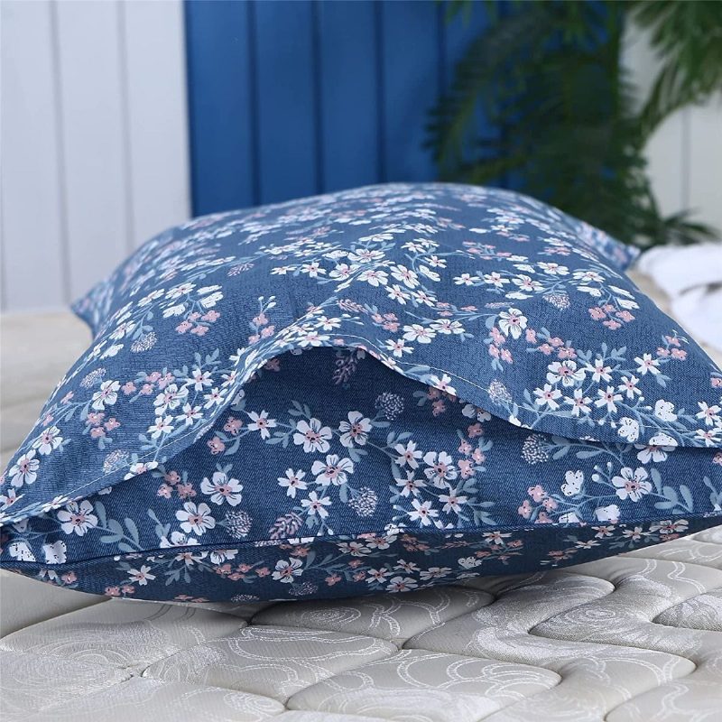 3 Ks Vintage Shabby Blue Kvetinová Posteľná Súprava 100% Bavlna Elegantné Drobné Kvety Farmhouse Obliečky Na Perinu So Zapínaním Na Zips