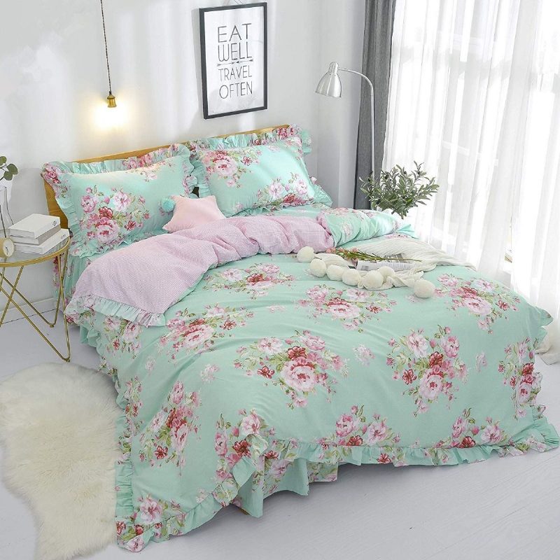 4 Ks Farmhouse Shabby Pink Floral Chic Súprava Posteľnej Sukne 100% Bavlna Rose S Kvetinovým Volánom