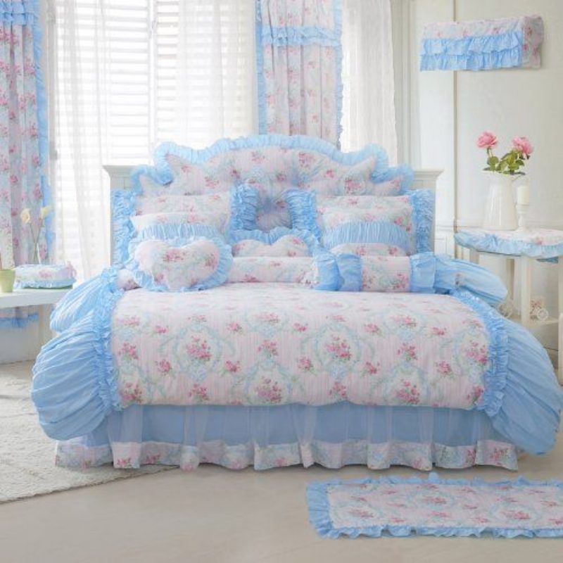 Bytový Textilnová Romantická Modrá Kvetinová Posteľná Súpravaružová Ružová Potlač Obliečky Set Dievčenské Rozprávkové 7ks