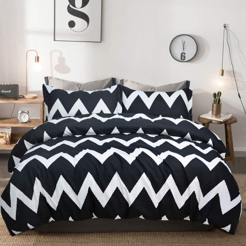 Čiernobiela Súprava Posteľnej Bielizne Chevron Queen Geometric Obliečky Na Paplón So Zipsom (1 Obliečka Na + 2 Na Vankúš)