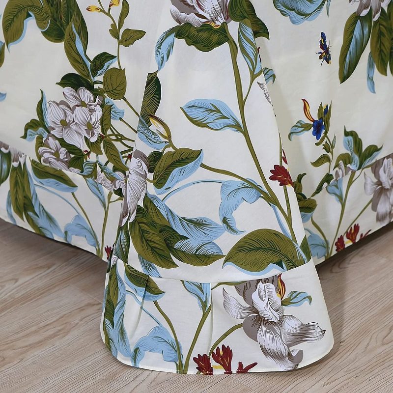 Farmhouse Shabby Kvetinová Posteľná Bielizeň 100% Bavlna 600 Tc Vintage Botanická Potlač Súprava Biely Kvet A Zelené Listy Obliečky S Hlbokým Vreckom