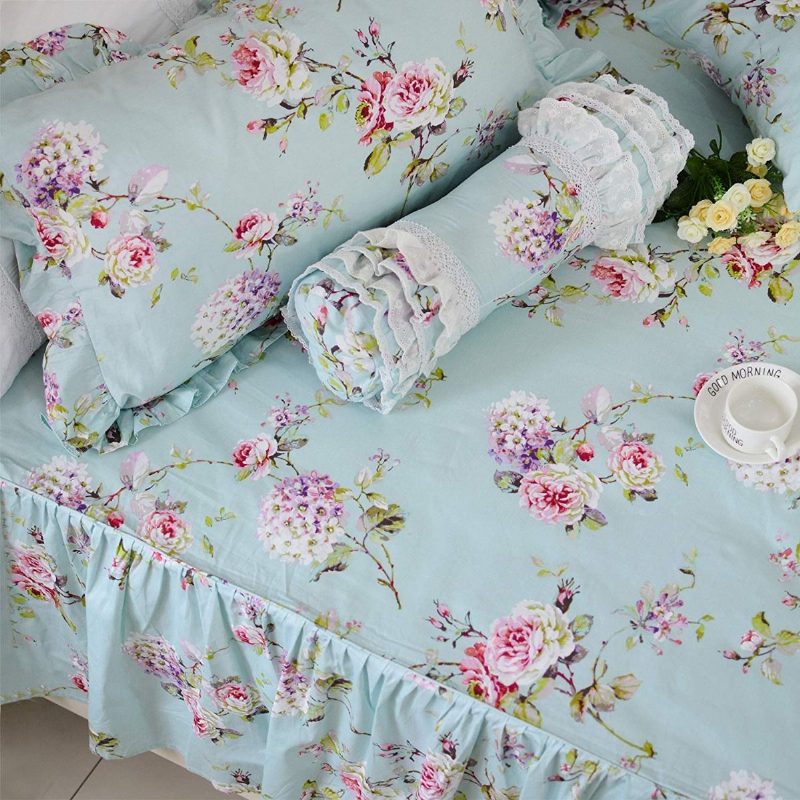 Obliečky Na Farmu Shabby Blue Kvetinová Vintage Potlač Súprava Na Perinu Prehoz Na Posteľ Elegantný Francúzsky Vidiecky Štýl S Volánom 4 Ks