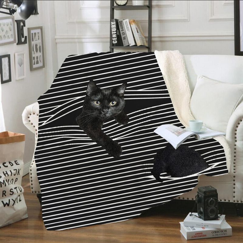 Stripe Pattern Cat Kreslená Deka Coral Fleece Obedová Prestávka Na Pohovku S Klimatizáciou