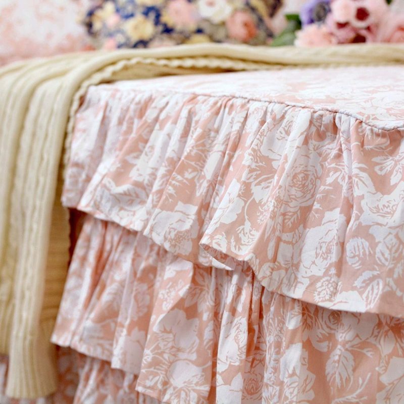 Súprava 3-dielnej Posteľnej Sukne 18-palcová 100% Bavlna Vintage Shabby Chic Posteľná Bielizeň Blush/navy Kvetinová Dievčenská Sukňa Vankúšov (1 + 2 Vankúše