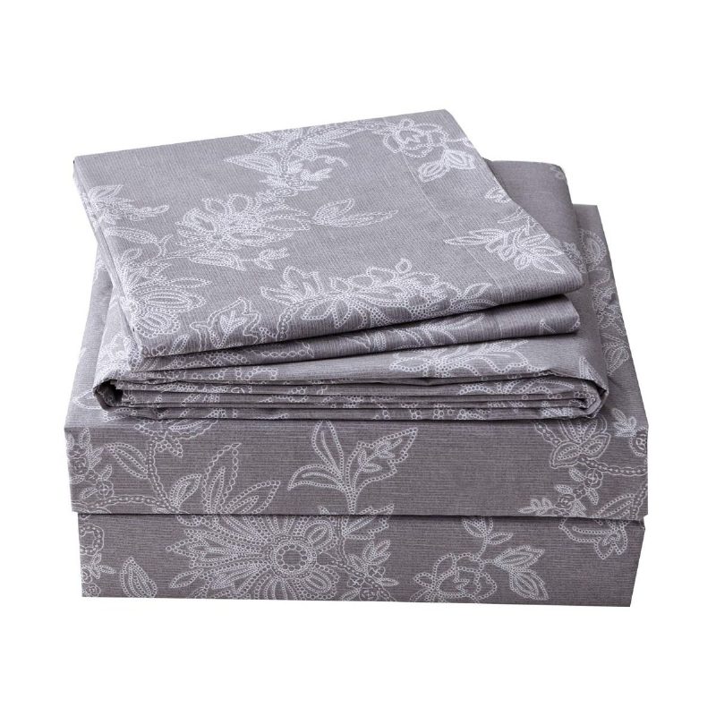 Súprava Obliečok Farmhouse Obliečky Shabby Floral Vintage Grey 100 % Bavlna Super Mäkká Hypoalergénna Šedá A Biela Obliečka S Hlbokým Vreckom 4-dielne