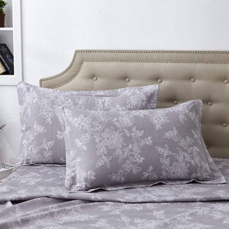 Súprava Obliečok Farmhouse Obliečky Shabby Floral Vintage Grey 100 % Bavlna Super Mäkká Hypoalergénna Šedá A Biela Obliečka S Hlbokým Vreckom 4-dielne