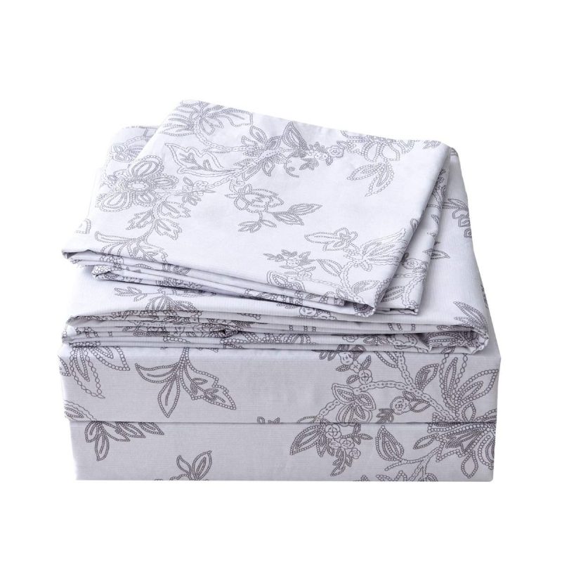 Súprava Obliečok Farmhouse Obliečky Shabby Floral Vintage Grey 100 % Bavlna Super Mäkká Hypoalergénna Šedá A Biela Obliečka S Hlbokým Vreckom 4-dielne