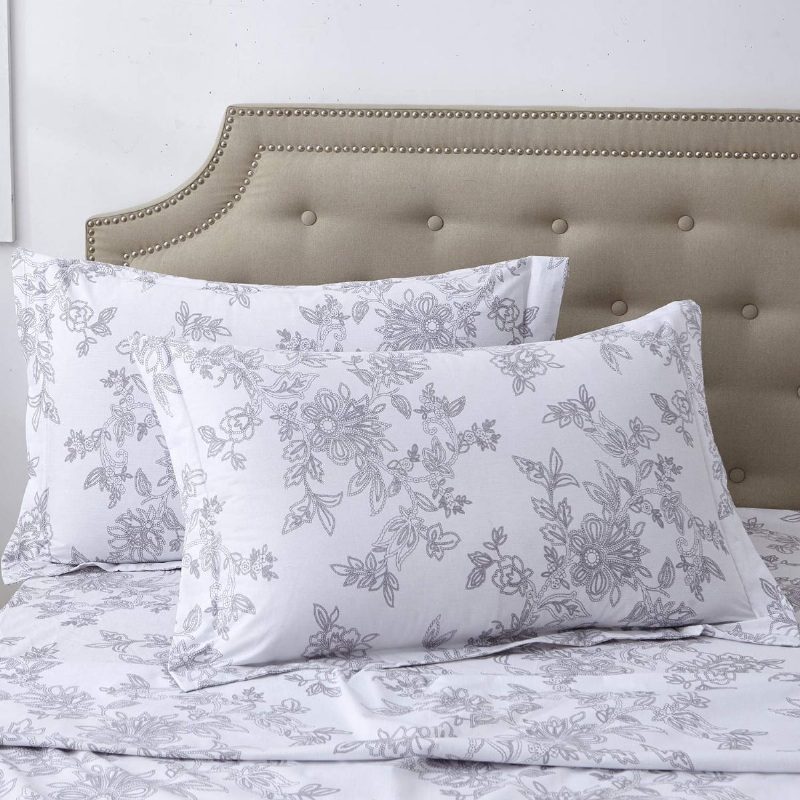 Súprava Obliečok Farmhouse Obliečky Shabby Floral Vintage Grey 100 % Bavlna Super Mäkká Hypoalergénna Šedá A Biela Obliečka S Hlbokým Vreckom 4-dielne