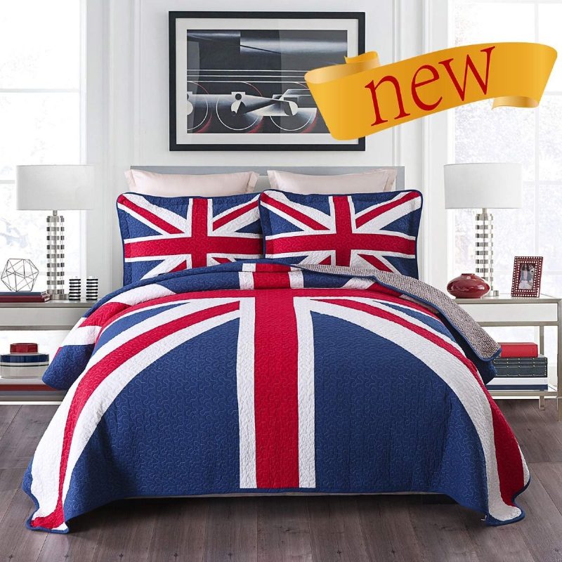 Súprava Prešívaných Prikrývok S Dizajnom Queen Size S Britskou Vlajkou 100 % Bavlna 3 Ks.
