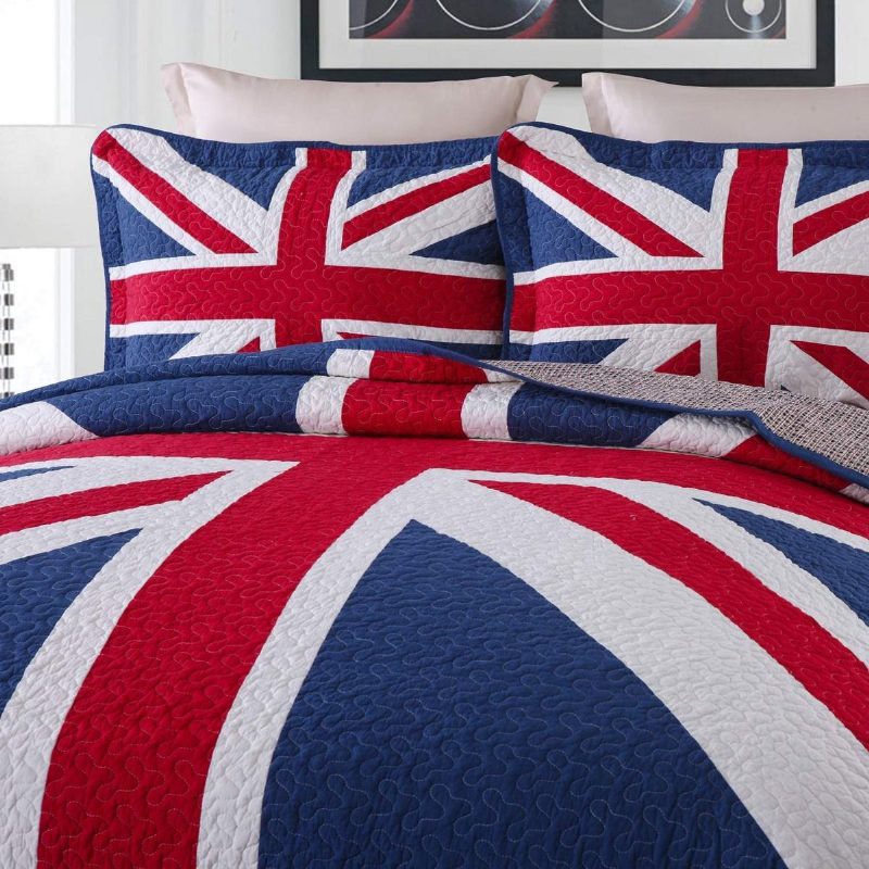 Súprava Prešívaných Prikrývok S Dizajnom Queen Size S Britskou Vlajkou 100 % Bavlna 3 Ks.