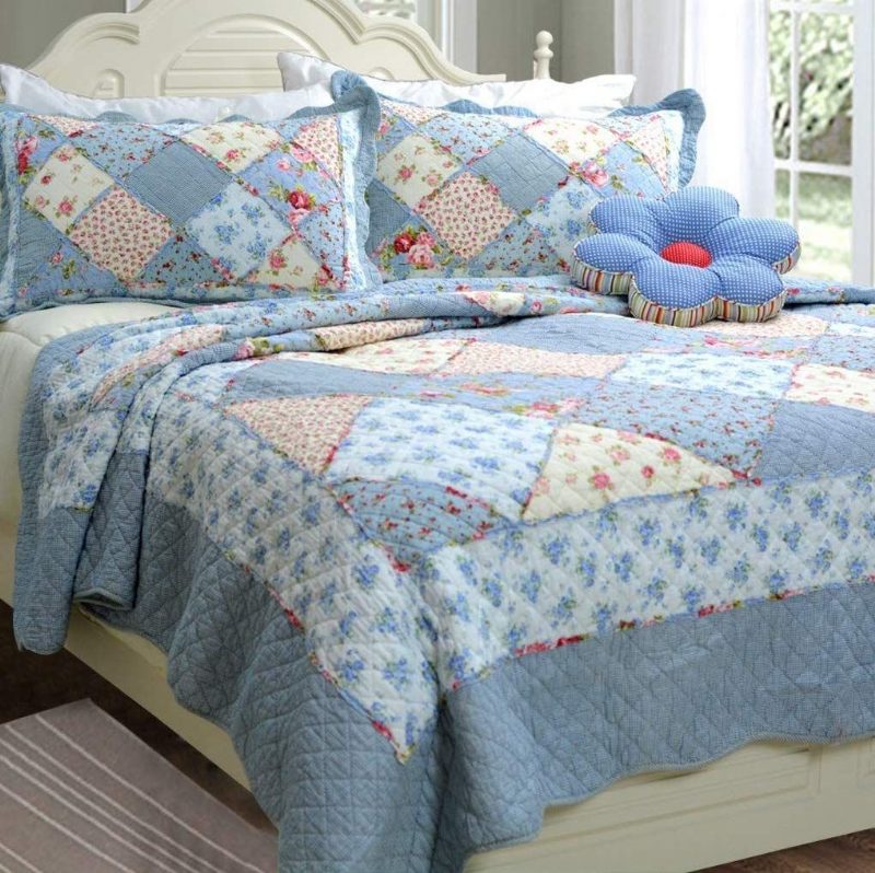 Súprava Prikrývok Queen Size Shabby Blue S Kvetinovým Patchworkom Bavlnených