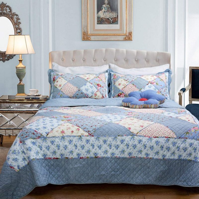 Súprava Prikrývok Queen Size Shabby Blue S Kvetinovým Patchworkom Bavlnených