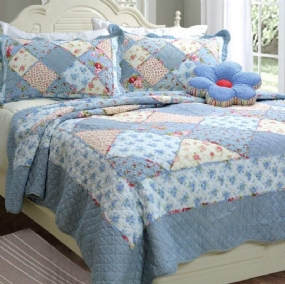 Súprava Prikrývok Queen Size Shabby Blue S Kvetinovým Patchworkom Bavlnených