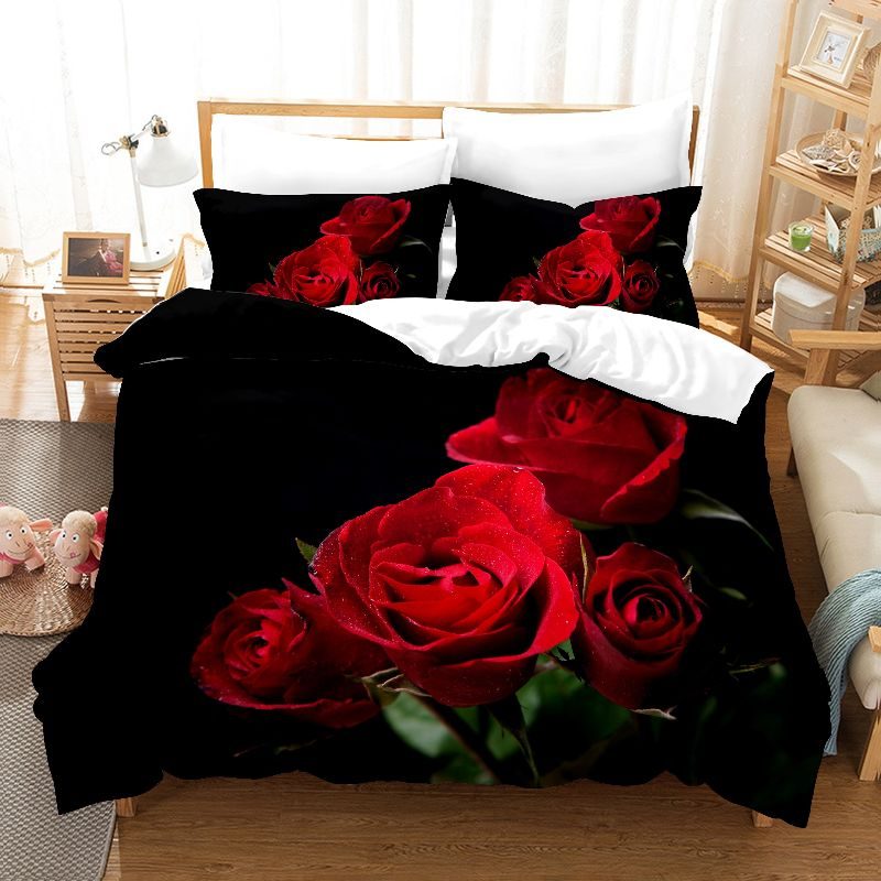 Posteľná Súprava Kvetinová Červená Ruža Luxusné Prikrývky Na Obliečky Na Vankúše