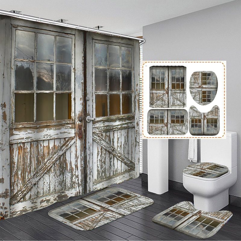 Vintage Drevené Dvere Kúpeľňová Súprava Sprchových Závesov Protišmyková Podložka Vodotesných Proti Hrdzi
