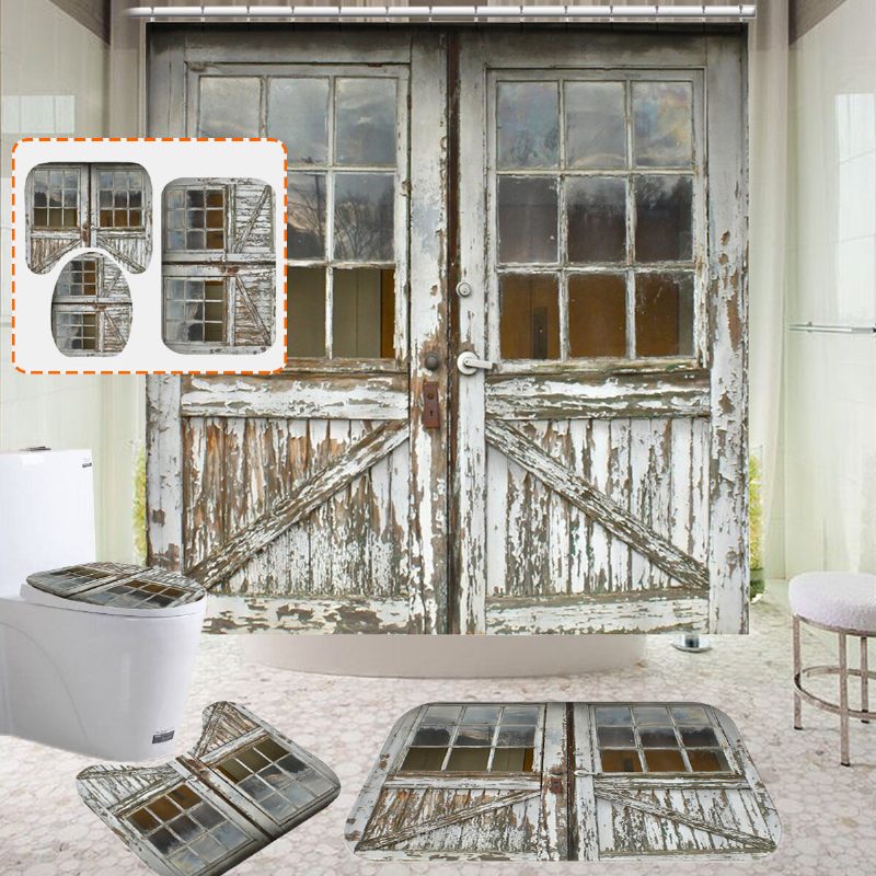 Vintage Drevené Dvere Kúpeľňová Súprava Sprchových Závesov Protišmyková Podložka Vodotesných Proti Hrdzi