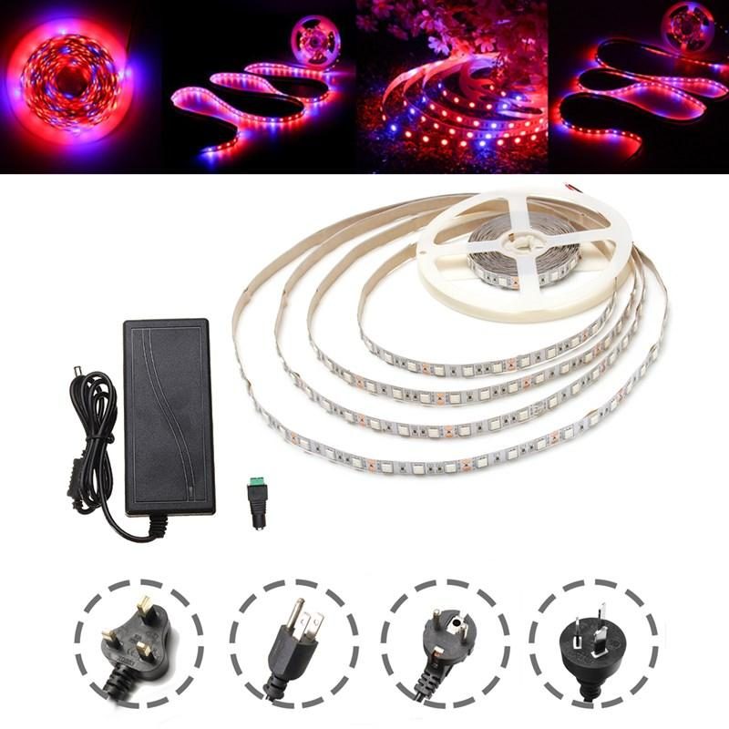 Dc12v Nevodotesný 5m Červená:modrá 4:1 Smd5050 Full Spectrum Led Strip Grow Light + Napájací Zdroj