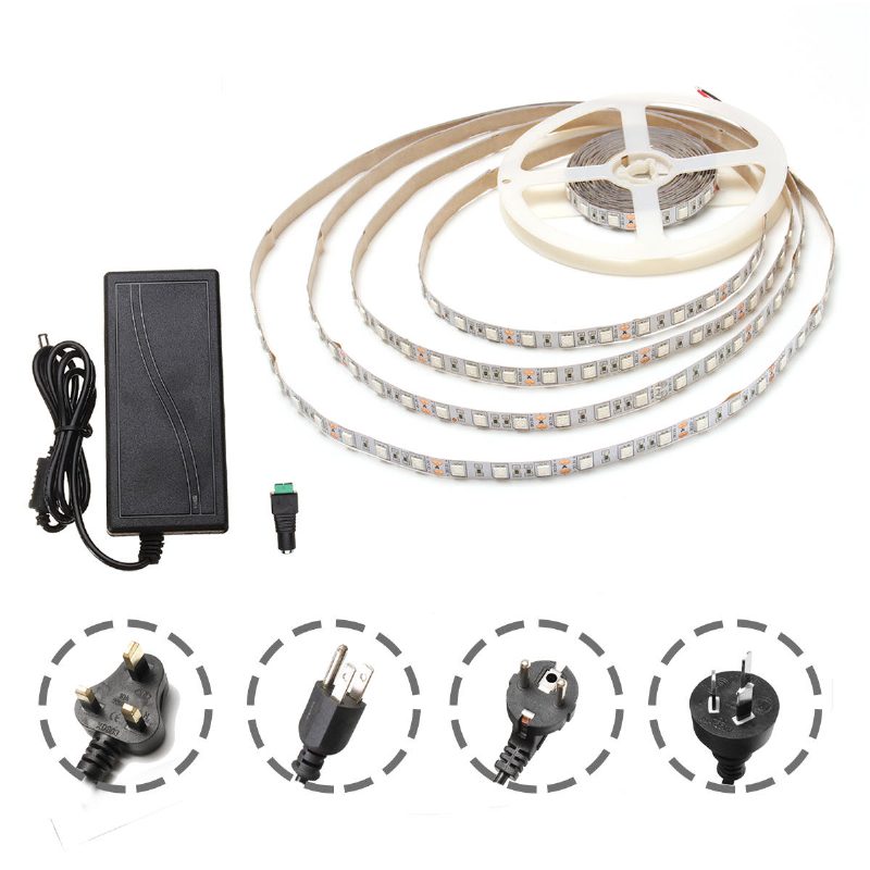 Dc12v Nevodotesný 5m Červená:modrá 4:1 Smd5050 Full Spectrum Led Strip Grow Light + Napájací Zdroj