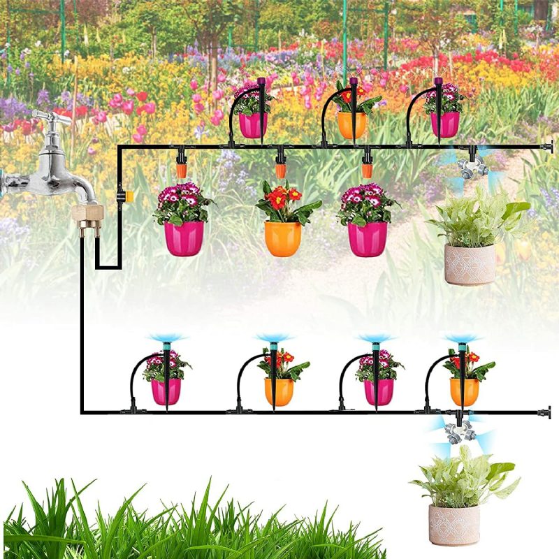 Súprava Na Kvapkovú Závlahu 59 Ft/18 M Závlahový Systém Pre Skleníkové Terasy Automatické Súpravy Na Zavlažovanie S Obojsmerným Mosadzným Závitovým Konektorom A 4 Druhmi Postrekovačov Jednoduchá Inštalácia