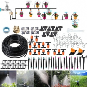 Súprava Na Kvapkovú Závlahu 59 Ft/18 M Závlahový Systém Pre Skleníkové Terasy Automatické Súpravy Na Zavlažovanie S Obojsmerným Mosadzným Závitovým Konektorom A 4 Druhmi Postrekovačov Jednoduchá Inštalácia