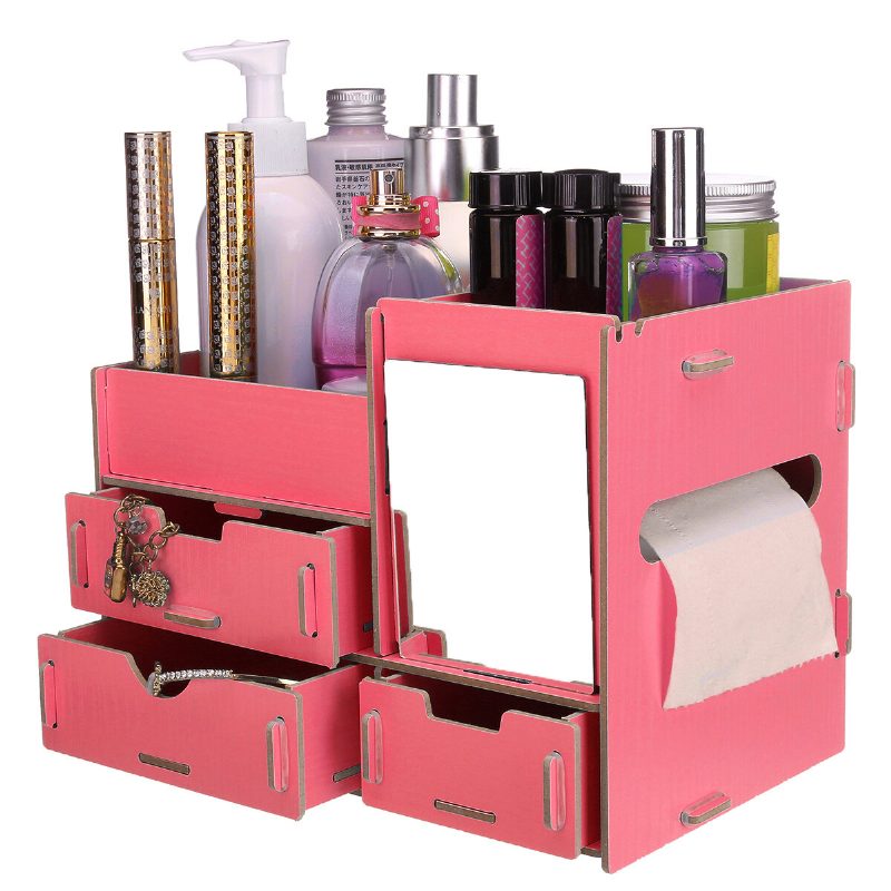 Organizér Na Make-up So Zrkadlovou Zásuvkou Urob Si Sám Stolný Kreatívny Drevený Úložný Box Pre Domáce Ubytovne