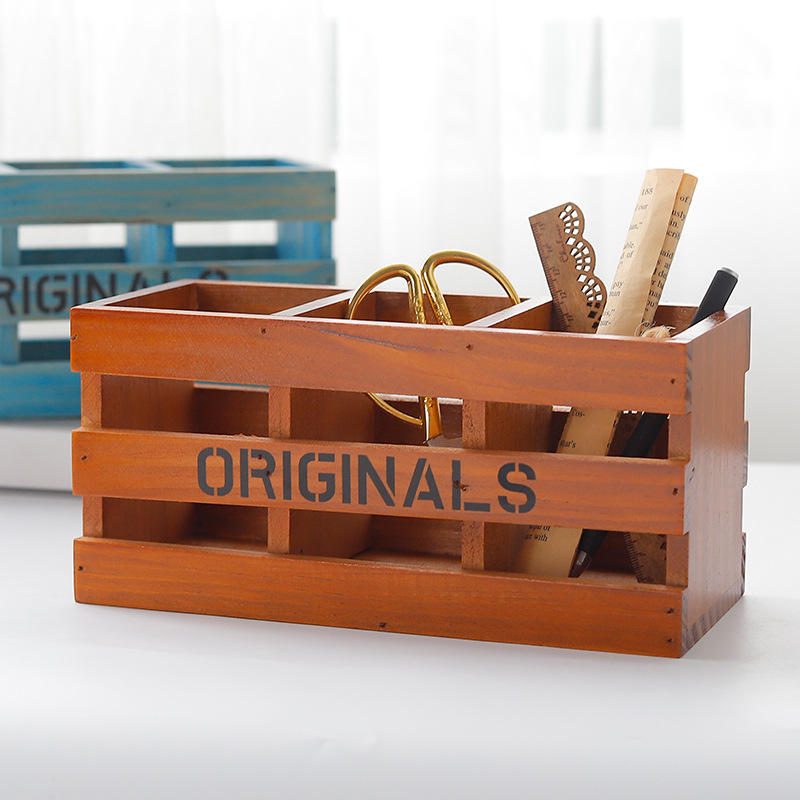 Zakka Retro Drevená Úložná Krabička Stolný Organizér Na Kozmetický Make-up 3 Mriežky Držiak Na Pero Úložný Box Na Diaľkové Ovládanie Vintage Home Decor