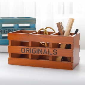 Zakka Retro Drevená Úložná Krabička Stolný Organizér Na Kozmetický Make-up 3 Mriežky Držiak Na Pero Úložný Box Na Diaľkové Ovládanie Vintage Home Decor