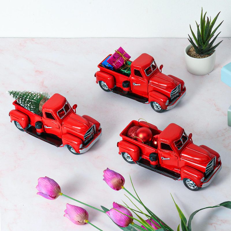 Vianočné Kovové Auto Starožitné Červené Nákladné Model Vintage Štýl Party Dekorácie + Darček