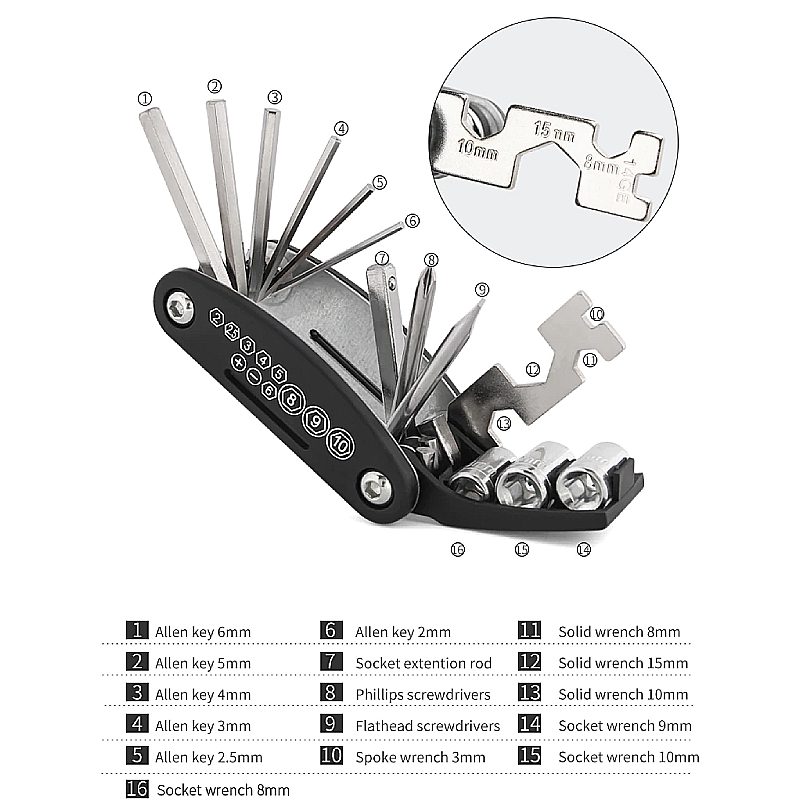 Súprava Náradia Na Opravu Bicyklov Multitool 16 V 1 Na Bicykel